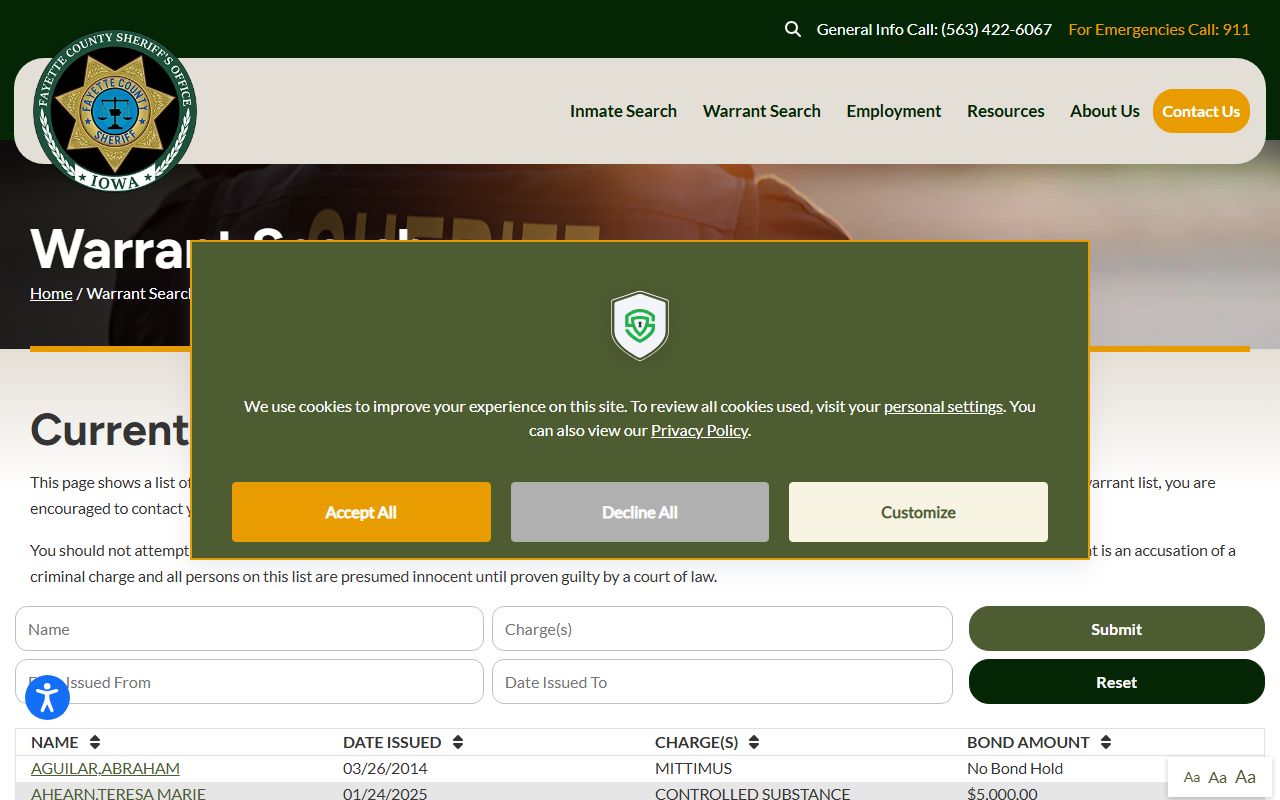 Fayette County Sheriff warrant search database showing active warrants