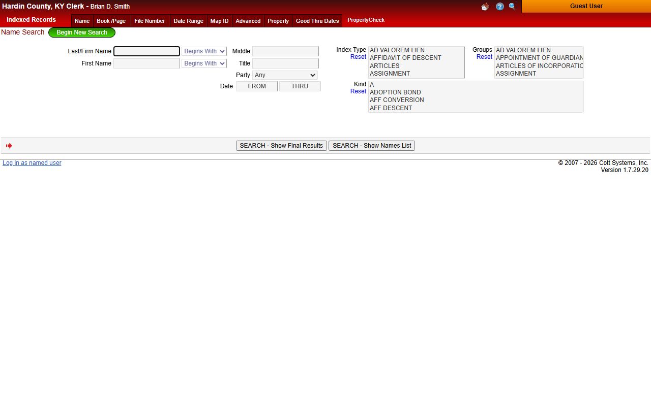 Hardin County Clerk eSearch system for court records