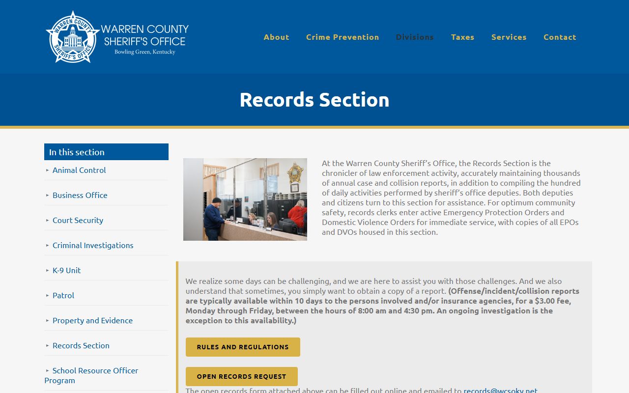 Warren County Sheriff's Office Records Section for warrant information