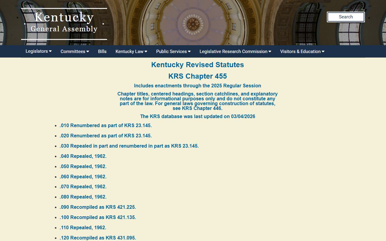 Kentucky Revised Statutes Chapter 455 governing search and seizure procedures
